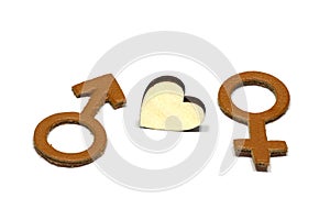 Men and Female with love abstract symbol made of leather isolated on white background