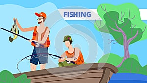 Men Fishing in Boat on Lake or River at Summer Day