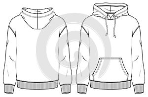 Men Fleece Hoody fashion flat sketch template. Technical Fashion Illustration. Boys Sweatshirt