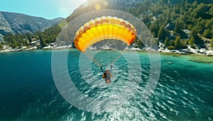 Men flying in mid air, paragliding in nature, experiencing extreme exhilaration generated by AI photo