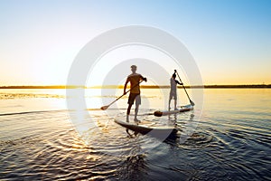 Men, friends are paddling on a SUP boards