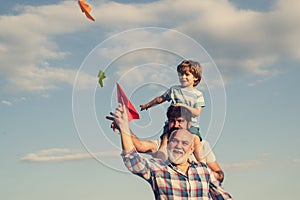 Men generation. Father and son with grandfather - happy loving family. Happy man family have fun together. Enjoy family