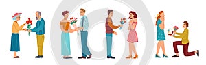 Men giving flowers to women, proposal and dating
