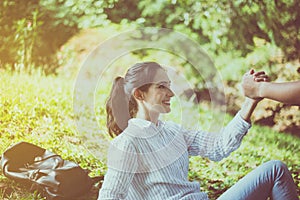 Man giving hand to happy woman,Suicide prevention,Mental health care concept