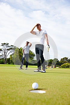 Men, golf course and frustrated for sports, game challenge and training for hobby in summer outdoor. Golfer, athlete or