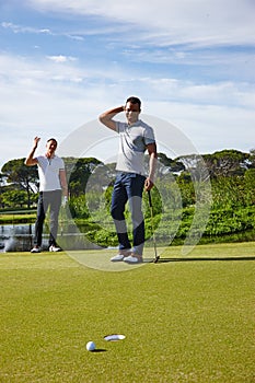 Men, golf and frustrated for sports, fitness and training for hobby in summer outdoor. Golfer, athlete or mature person