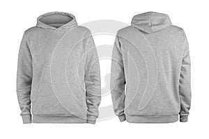 Men grey blank hoodie template,from two sides, natural shape on invisible mannequin, for your design mockup for print, isolated on