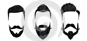 Men hair and moustache styling. Vintage gentleman haircut, beauty beard and fashion mustaches styles vector illustration set