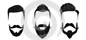 Men hair and moustache styling. Vintage gentleman haircut, beauty beard and fashion mustaches styles vector illustration