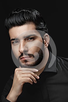 Men Haircut. Man With Hair Style, Beard And Beauty Face Portrait