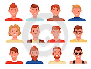 Men hairstyles avatars. Different styles male portraits, blondes, brunettes and brown haired characters, long and short