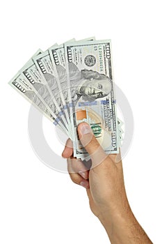 A Men hand holding hundred dollar bill on white background.