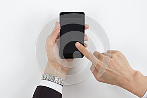 Men hand touch mobile phone