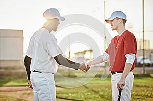 Men, handshake or baseball player on field, sports or stadium grass in good luck, welcome or thank you. Smile, happy or