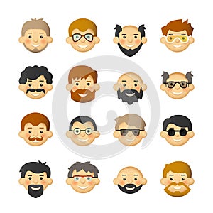Men head avatar iconset with beards, mustaches, glasses and rosy cheeks photo