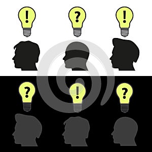 Men heads with light bulb idea symbols