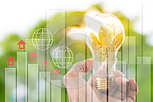 Men hold light bulbs with sun in the daytime, with bokeh backdrops and Statistic graph using wallpaper or background for idea work