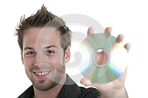 Men holding a cd or a dvd