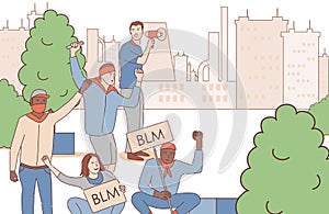 Men holding placards with Black Lives Matter words and protesting in city park vector cartoon outline illustration.