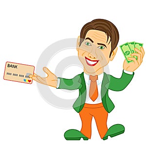 Men holds the dollar bills and credit card