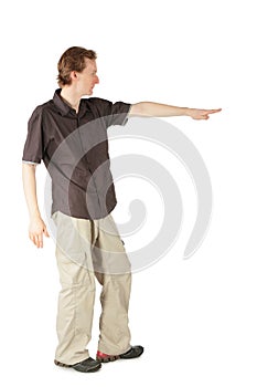 Men indicating by hand