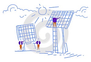 Men installing solar panel alternative energy resource business team working process concept sketch doodle horizontal