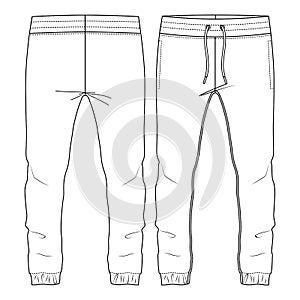 Men Jogging Sweat Pants. flat fashion sketch template. Technical Fashion Illustration. Front Drawcord. Elastic hem photo