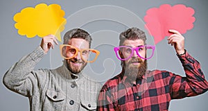 Men joking. Share opinion speech bubble copy space. Comic and humor sense. Men with beard and mustache mature hipster