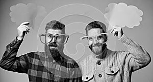 Men joking. Share opinion speech bubble copy space. Comic and humor sense. Men with beard and mustache mature hipster