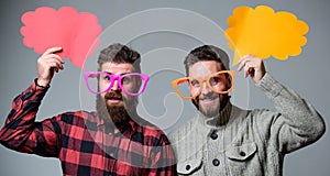 Men joking. Share opinion speech bubble copy space. Comic and humor sense. Men with beard and mustache mature hipster