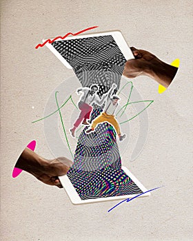 Men jumping over the flow from tablets. Social media impact. Online communication. Contemporary art collage. Creative