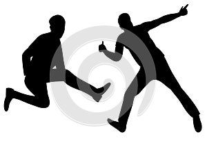 Men jumping silhouette, on white background, isolated