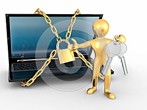 Men with keys and laptop with chains and lock.