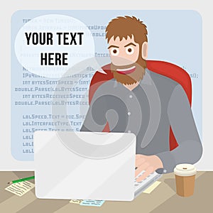 Men with laptop. Programming or coding banner flat design concept.