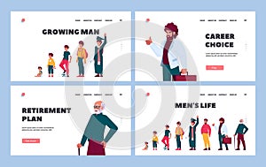 Men Life Landing Page Template Set. Stages of Man Growing, Aging Time Line. Male Character Life Cycle, Growth