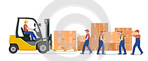 Men loading boxes on forklift. Delivery service.