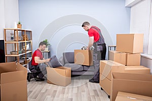 Men Loading The Cardboard Boxes During Moving