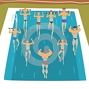 Men Making Aqua Gym Exercises with Dumbbells in Swimming Pool, People Doing Water Aerobics Exercises, Group Fitness