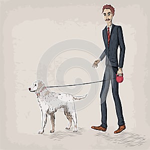 Men male person human people suit jacket shoes tie hold hand walking a dog pet leash labrador breed business vector retro vintage