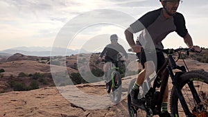 Men, mountain bike and workout in nature for adventure competition, health or fitness. Male people, friends and cardio