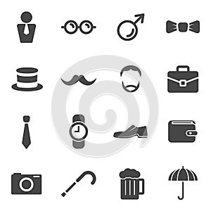 Men moustache props item icons. Participants grow a mustache and gentlemen accessories. Fashion of hat mask glasses and