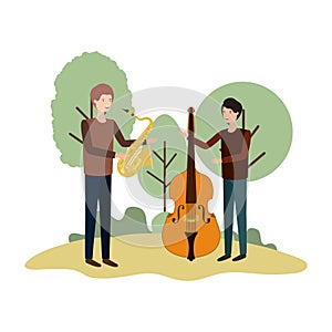 Men with musical instruments in landscape