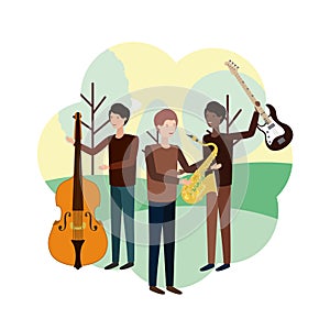 Men with musical instruments in landscape