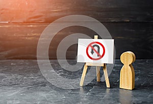 Men near no turning back traffic sign easel. Turn arrow and red prohibition symbol. Assertiveness and striving, moving forward photo