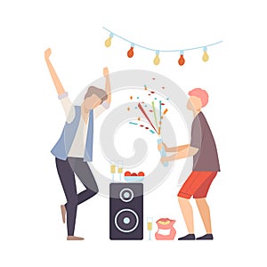 Men On Party Dancing And Exploding Firecracker Vector Illustration Cartoon Character