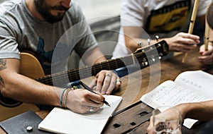 Men Play Guitar Write Song Music Rehearsal photo