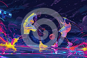 Men playing basketball, competing in the Olympics, Y2Kera style drawing, retrofuturistic style