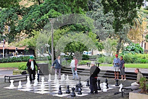 Men playing chess in park