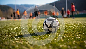 Men playing soccer on green field, achieving success generated by AI