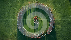 Men playing soccer on a green grass field, crowd cheering generated by AI